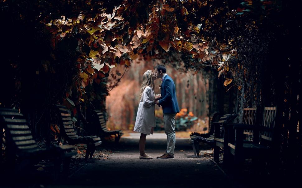 Couple kissing under the tree tunnel wallpaper, 1920x1200  HD wallpaper,photography HD wallpaper,Tree . HD wallpaper,couple HD wallpaper,bench HD wallpaper,autumn HD wallpaper,fall HD wallpaper,tunnel HD wallpaper,Kiss HD wallpaper,2880x1800 wallpaper