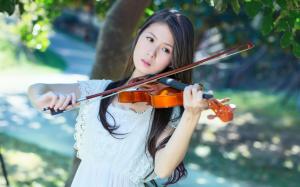 White dress Asian girl, violin, music wallpaper thumb