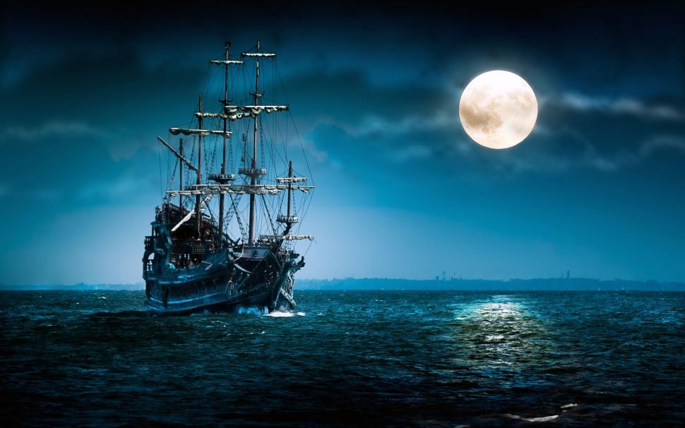 Pirate ship sailing under the moonlight wallpaper,Pirate HD wallpaper,Ship HD wallpaper,Sailing HD wallpaper,Under HD wallpaper,Moonlight HD wallpaper,2560x1600 wallpaper