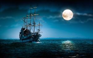 Pirate ship sailing under the moonlight wallpaper thumb