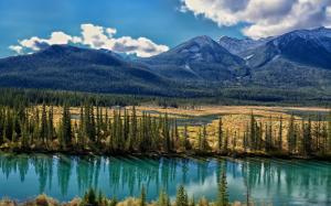 Bow River, Alberta, Canada, trees, mountains, clouds wallpaper thumb