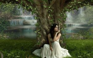 The girl sitting under a tree wallpaper thumb