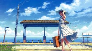 Anime Girls, Anime, Hat, Suitcase, Telegraph Pole, Dress wallpaper thumb