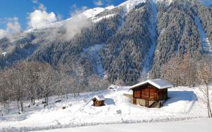 Nature landscape, winter, forest, trees, houses, mountains, snow wallpaper thumb
