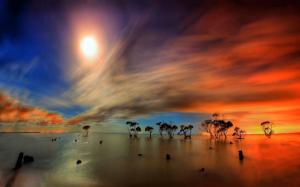 Water surface, trees reflection, horizon, sky, clouds, sun, rays wallpaper thumb
