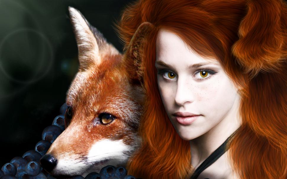 Red haired fantasy girl with animal fox wallpaper,Red HD wallpaper,Haired HD wallpaper,Fantasy HD wallpaper,Girl HD wallpaper,Animal HD wallpaper,Fox HD wallpaper,2560x1600 wallpaper