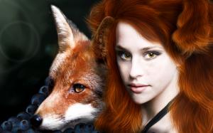 Red haired fantasy girl with animal fox wallpaper thumb
