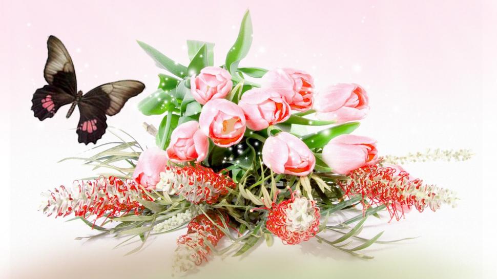 Tulips Of Pink wallpaper,firefox persona HD wallpaper,spirng HD wallpaper,butterfly HD wallpaper,tulips HD wallpaper,pink HD wallpaper,flowers HD wallpaper,3d & abstract HD wallpaper,1920x1080 wallpaper