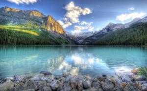 Lake water reflection, mountains, forest, sky, rocks, clouds wallpaper thumb