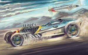 Sports car and aircraft, art painting wallpaper thumb