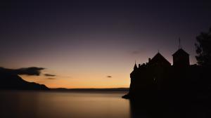 Sunset Lake Castle HD wallpaper thumb