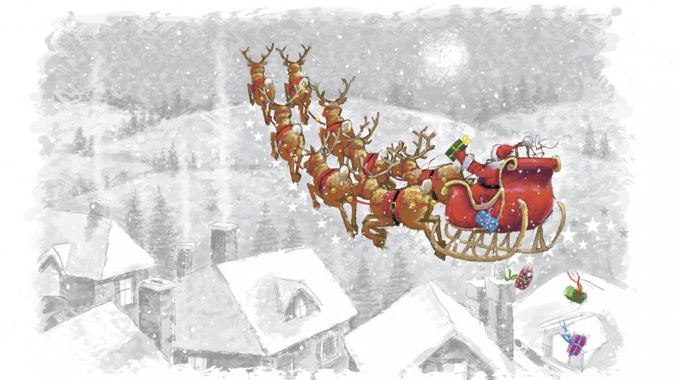 Santa claus, reindeer, presents, sleigh, flying wallpaper,santa claus HD wallpaper,reindeer HD wallpaper,presents HD wallpaper,sleigh HD wallpaper,flying HD wallpaper,1920x1080 wallpaper