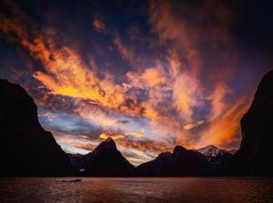 Milford Sound, New Zealand, sunset, mountains, sea, clouds wallpaper thumb