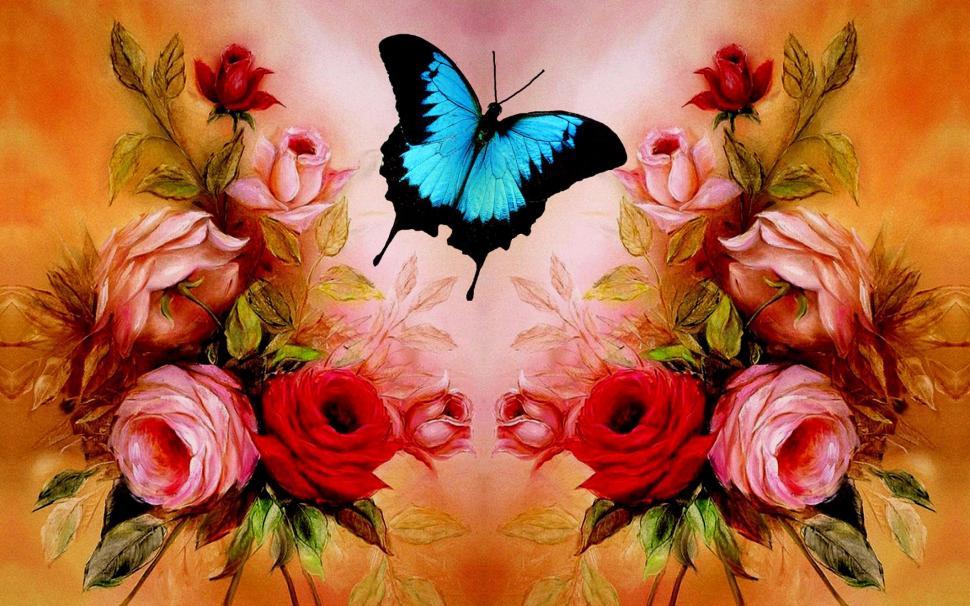 Blue butterfly and roses wallpaper,artistic HD wallpaper,1920x1080 HD wallpaper,butterfly HD wallpaper,Rose HD wallpaper,animeated hd rose wallpapers HD wallpaper,2880x1800 wallpaper