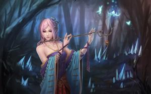 Pink hair fantasy girl in forest wallpaper thumb