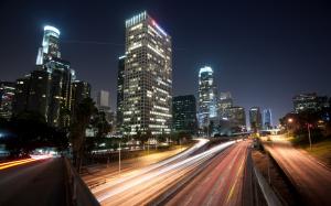 Los Angeles Buildings Skyscrapers Night Freeway Highway Lights Timelapse HD wallpaper thumb