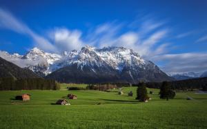 Sky, mountains, Alps, valley, houses, trees, grass wallpaper thumb