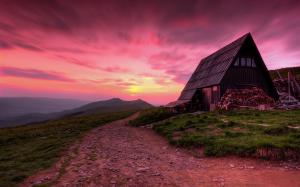 Poland, mountains, wood house, road, sunset, twilight wallpaper thumb