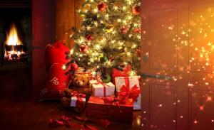new year, christmas, tree, presents, fireplace, door wallpaper thumb