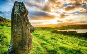 Landscape, Nature, Moai, Rapa Nui, Easter Island, Archeology, Statue, Sunset, Beach, Clouds, Sea, Chile, Grass, Enigma, Hill, World Heritage Site wallpaper thumb