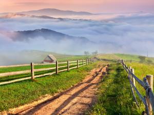 Nature scenery, countryside, mountains, grass, mist, village, road wallpaper thumb