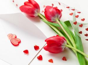 Three red tulip flowers, ribbons, heart-shaped decoration wallpaper thumb