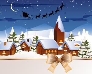 house, street, night, santa claus, sleigh, flying, bow-knot wallpaper thumb