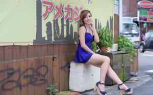 Japanese girl, blue dress, smile, legs wallpaper thumb