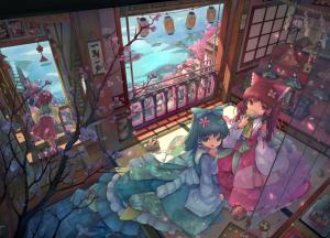 Anime Girls, Rooms, Touhou, Hakurei Reimu, Hieda no Akyuu, Kochiya Sanae wallpaper thumb