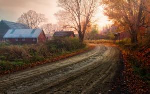 Fantastic scenery, autumn countryside, tree red leaves, road, house wallpaper thumb
