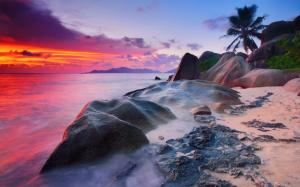Seychelles, La Digue Island, Indian Ocean, sea, stones, palm trees, sunset wallpaper thumb