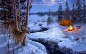 Darrell Bush Moon Shadows Painting Winter Snow Animals Deer Pictures For Desktop wallpaper thumb