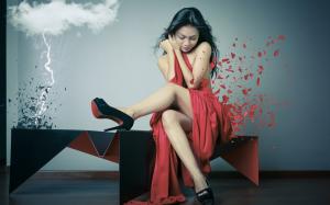 Red dress girl, clouds, lightning, creative pictures wallpaper thumb
