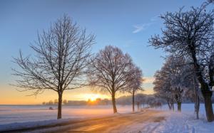 Germany winter snow landscape, road, trees, dawn, sunrise wallpaper thumb
