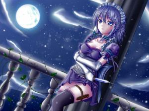 Moonlight anime girl, holding a knife, blue-purple hair wallpaper thumb