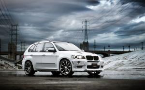 White BMW X5 SUV car, clouds wallpaper thumb