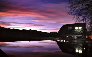 Evening dusk, house, lake, lights, reflection wallpaper thumb