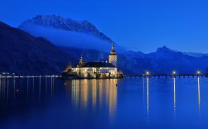 Austria, Gmunden, lake Traunsee, mountains, house, blue, sky, night wallpaper thumb