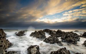 Sea, coast, rocks, clouds, dusk wallpaper thumb