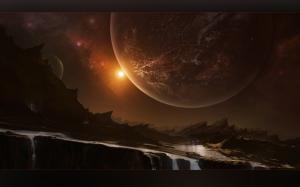 Alien Landscape Planet Stars Waterfall Starlight HD wallpaper thumb