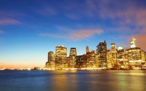 New York, Manhattan, buildings, lights, sea, dusk wallpaper thumb