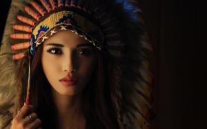 Beautiful brunette girl, makeup, Indian headdress wallpaper thumb