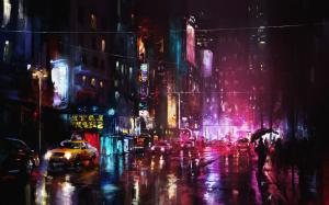 Art painting, night, city, street lights wallpaper thumb