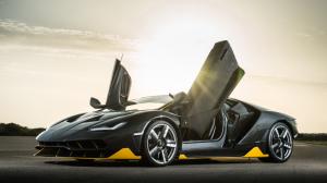 Lamborghini Centenario black Coupe, doors opened, sun rays wallpaper thumb
