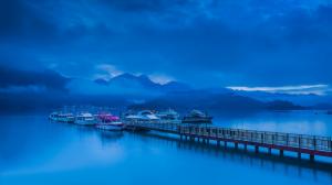 Night, blue style, mountains, lake, pier, boats, clouds wallpaper thumb