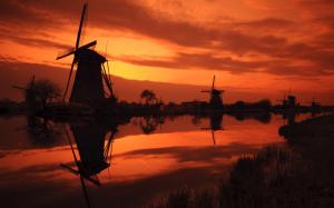 Windmill Sunset Water Orange HD wallpaper thumb