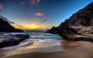Ocean, coast, sea, waves, stones, sunrise wallpaper thumb