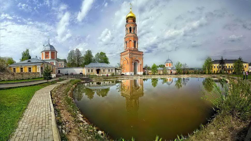 Bell Tower In A Monastery wallpaper,bell tower HD wallpaper,pond HD wallpaper,clouds HD wallpaper,monastery HD wallpaper,nature & landscapes HD wallpaper,1920x1080 wallpaper