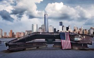 9/11 Memorial Flag American Flag New York Buildings Skyscrapers Clouds Metal Wreckage HD wallpaper thumb