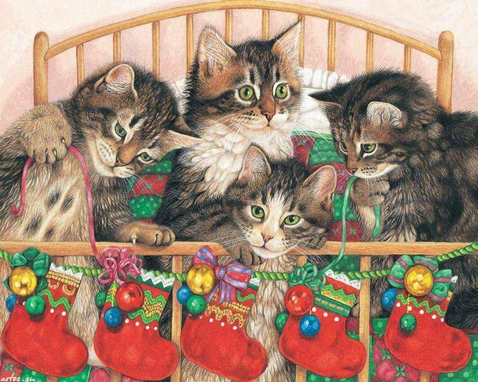 Kitties in bed Animals cats Christmas time Four painting Pets ribbon socks HD wallpaper,animals wallpaper,cat wallpaper,painting wallpaper,pets wallpaper,cats wallpaper,four wallpaper,bed wallpaper,kitties wallpaper,ribbon wallpaper,socks wallpaper,christmas time wallpaper,1280x1024 wallpaper